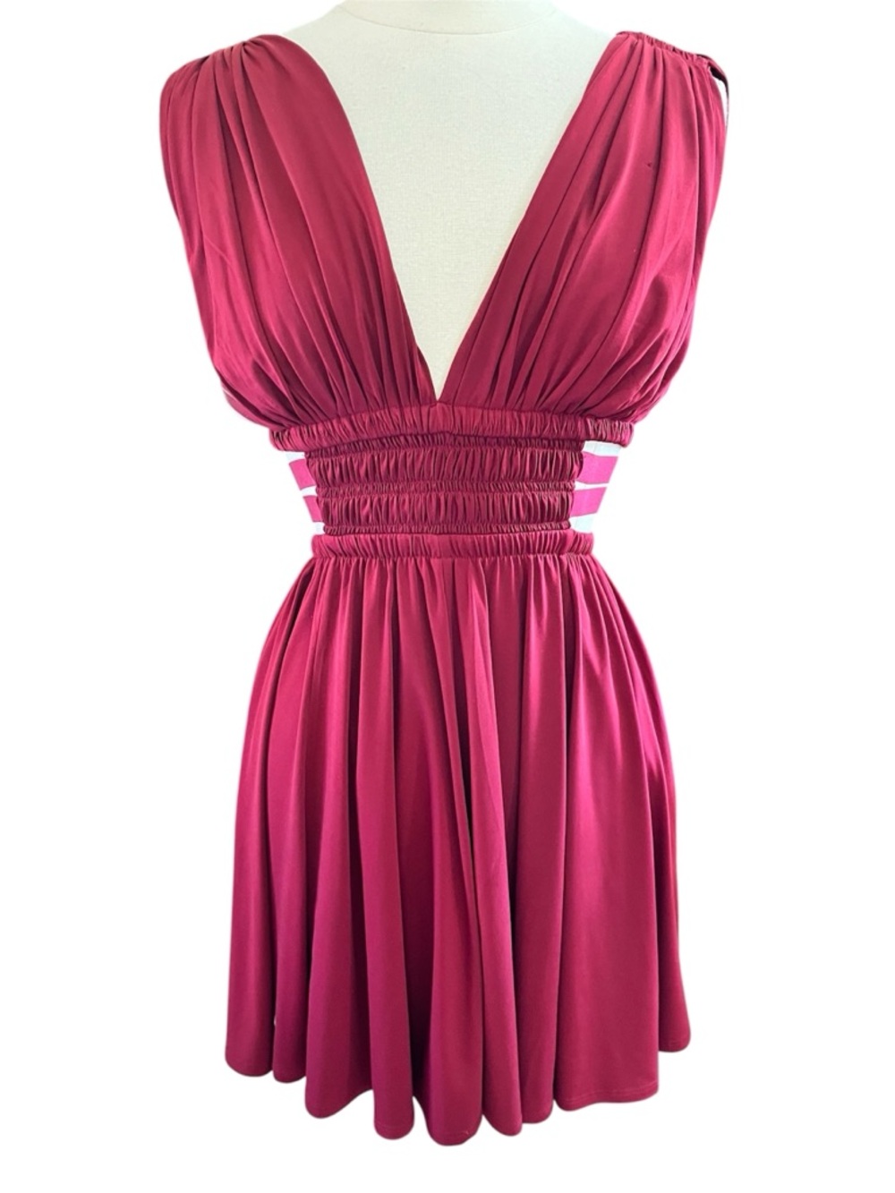 Express Burgundy Greek Goddess Style Mini Dress elastic ribbon Waistband Size S